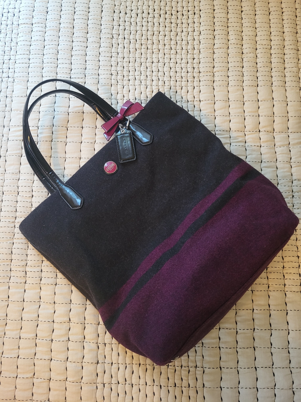 Coach Signature Stripe Wool North South Tote Bag with Patent Leather Handles